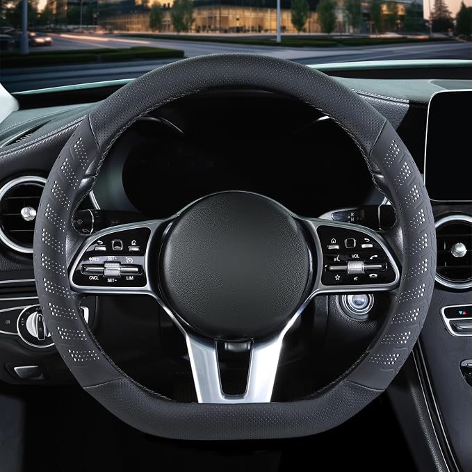 3D Soft 15 inch Leather D Shape Steering Wheel Cover Black White | Breathable Anti-Slip Premium Skin-Feel Perforated Thin Nappa Leather, Universal 14.5 inch to 15 inch
