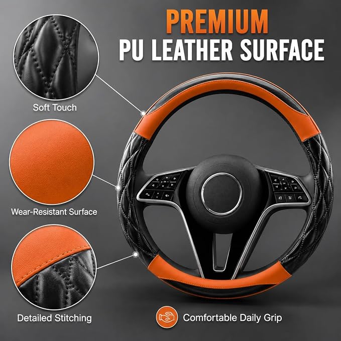 Couslcd 14.5-15 Inch Leather Steering Wheel Cover with Soft Padded Lining, Anti-Slip Comfort Grip, Universal Steering Wheel Protector for Most Cars, SUVs, Trucks (Orange)