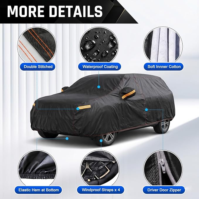 6 Layer Heavy Duty SUV Car Cover Waterproof All Weather Protection with Cotton Liner, Universal Fit Ford Explorer, Toyota Highlander, Honda Pilot, Dodge Durango, BMW X5 X6, Lexus RX LX