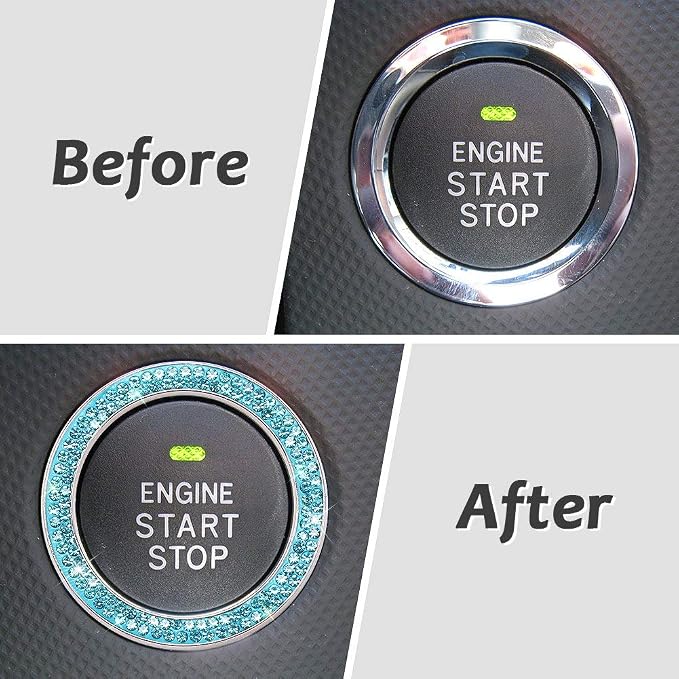 ToBeQueen Push to Start Button Ring Emblem Sticker 2Pcs Diamond Car Ring Stickers Rhinestone Car Accessories Interior for Women,Cute Car Decals Ignition Accessories Blue