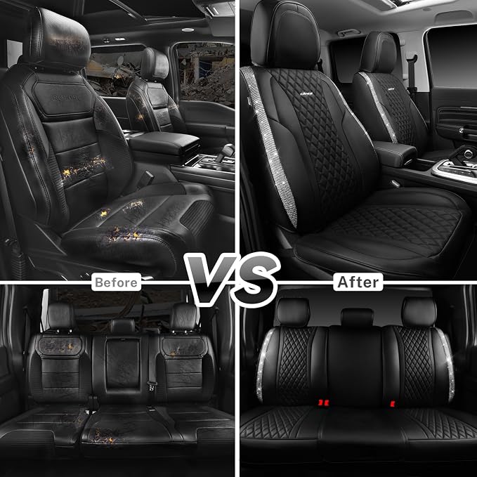 CAR PASS Bling Leather Car Seat Covers & Black Nappa Leather Calfskin Seat Cushioned Protector, Waterproof Anti-Slip Universal Fit SUV Truck Sedan, Glitter Sparkly Shining Rhinestone, Silver Diamond