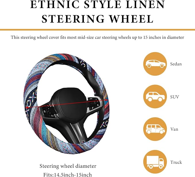 Boho Steering Wheel Cover, 15 Inch Coarse Flax Cloth Ethnic Style Anti-Slip Car Wheel Wrap, Universal Breathable Bohemian Steering Wheel Protector for Cars Vans Trucks (D)