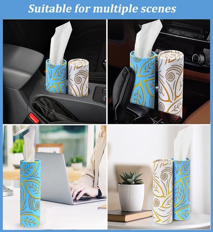 Refillable Car Tissue Holder Dispenser with facial tissues, Universal Round Auto Tissue Box Organizer with 9-Pack Travel papers, Fit for Car Cup Holder Tissues Cylinder - Blue