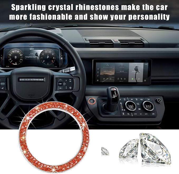 Kewucn Bling Crystal Double Rhinestone Car Engine Start Decoration Ring, Sparkling Push Start Button Sticker, Key Ignition & Knob Ring Decoration, Bling Car Interior Accessory (Orange)