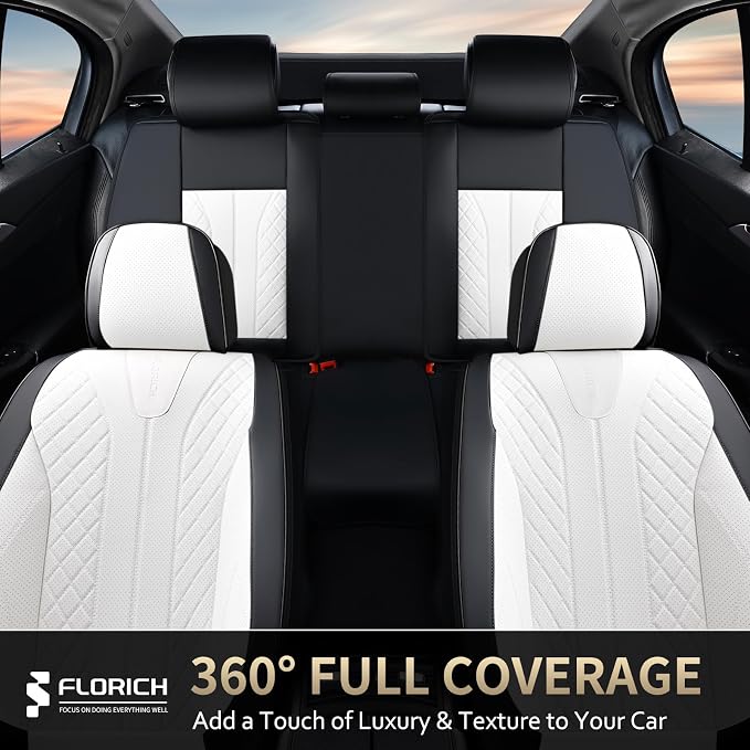 FLORICH Seat Covers Full Set Luxury Faux Leather Front and Rear Car Seat Cover Waterproof Automotive Seat Covers 5 Seats Car Seat Protector Universal Fit for Most Cars SUV Trucks, Black&White