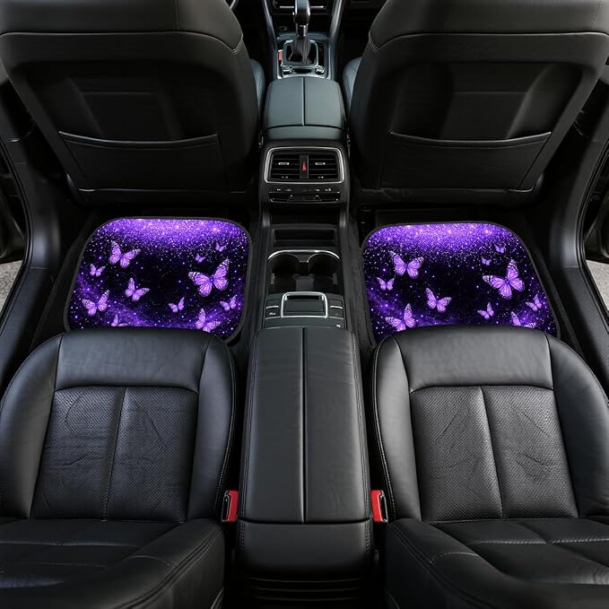 Butterfly Car Floor Mats Set of 4 Purple Glitter Galaxy Dream Carpet Front Rear Carpets Mat Decorative Car Floor Carpets Non-Slip Auto Car Accessories Universal Fit for Car SUV Truck Van