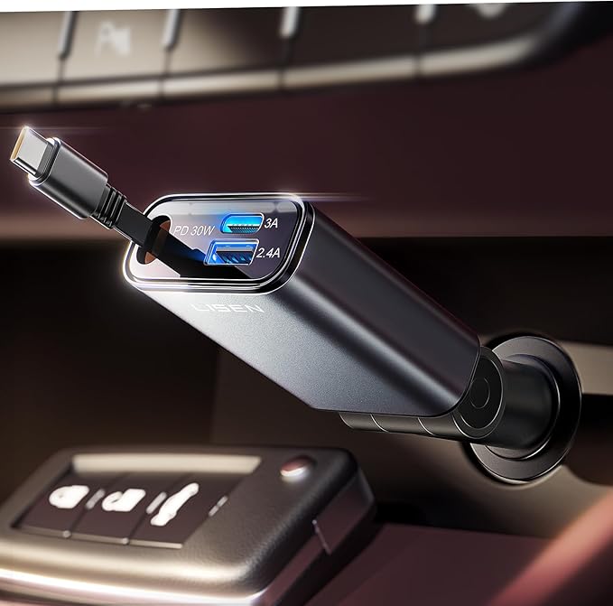 LISEN Car Charger USB C Fast Charge, [Single-Port] Retractable Car Charger USB C, RV Power Adapters for Women Men Phone Type C Charging for iPhone 17 Pro Max 16 15 Samsung S26 S25, MacBook Neo | 54W Car Phone Type C Charging with 30W USB C Cable RV Pow...