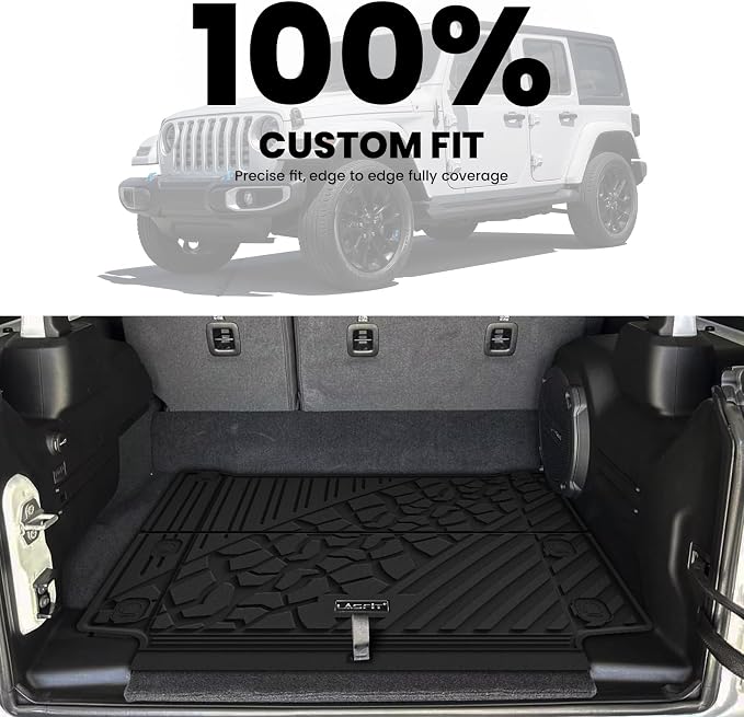 LASFIT Cargo Mat for Jeep Wrangler 4XE 2021-2025 4 Doors with Subwoofer | Plug-in Hybrid EV-Gas (PHEV), All Weather, TPE, Custom Fit, Trunk Mat, Cargo Liner, Black