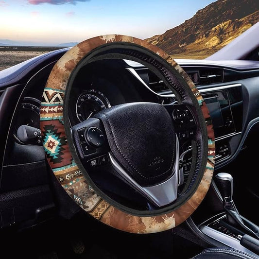 Wanyint Car Steering Wheel Cover Universal Fit SUV Truck Van, Anti-Skid Soft Stretchy All Weather Protection Auto Decor Accessories, Aztec Navajo Splash Brown