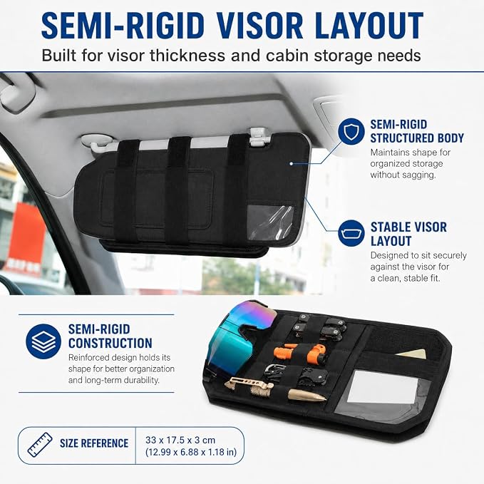 GOOGO Car Sun Visor Organizer, Black Nylon MOLLE Panel | black nylon pouch with a MOLLE panel, strap-on organizer format, for cards, pens, small tools, and flat accessories