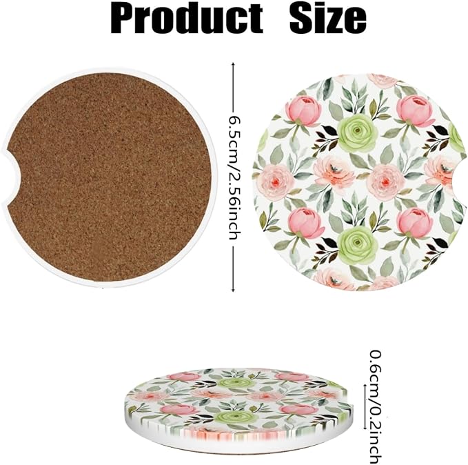 Ceramic Car Cup Coasters 2PCS - Hibiscus Rose | with Cork Back & Finger Slot, Anti-Slip Shock Absorbing, Universal Car Interior Accessories for Men Women