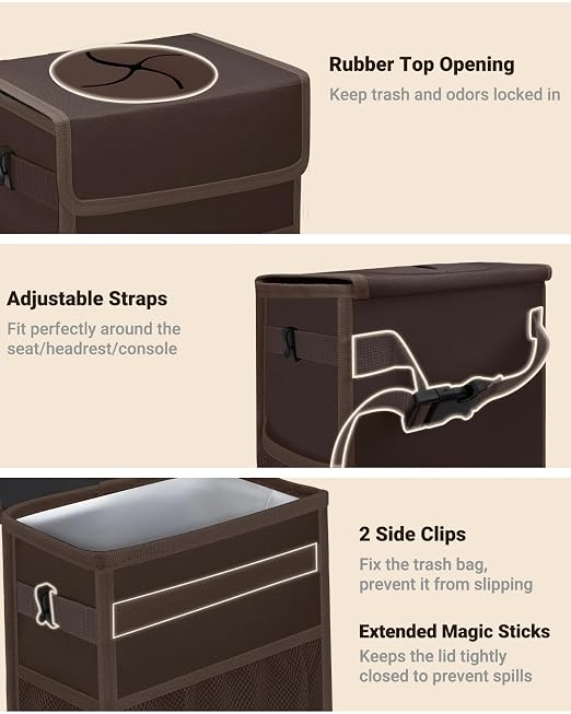 Capolo Car Trash Can with Lid, Leakproof Car Trash Bag Hanging Waterproof Automotive Garbage Can with Storage Pockets Mini Vehicle Trash Bin for Back/Front Seat(Brown,2.5 Gallon)