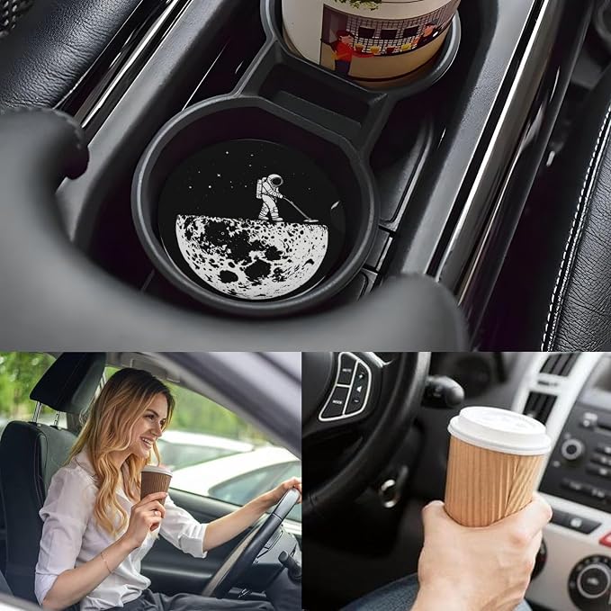 Ceramic Car Cup Coasters 2PCS - Moon Vacuum Cleaner | with Cork Back & Finger Slot, Anti-Slip Shock Absorbing, Universal Car Interior Accessories for Men Women