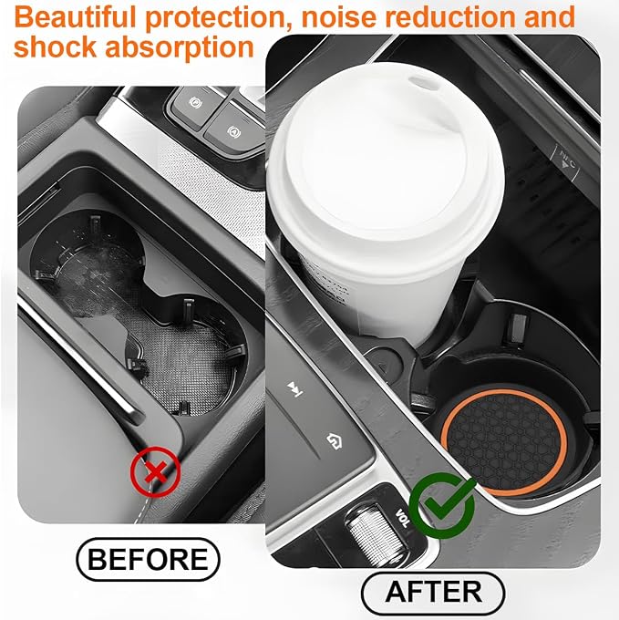 HZEL Car Cup Holder Coasters, 2PCS Non Slip Waterproof Vehicle Water Bottle Pads, Recessed Automotive Drink Mat Decoration Accessories, Universal Fit (Orange/Black)