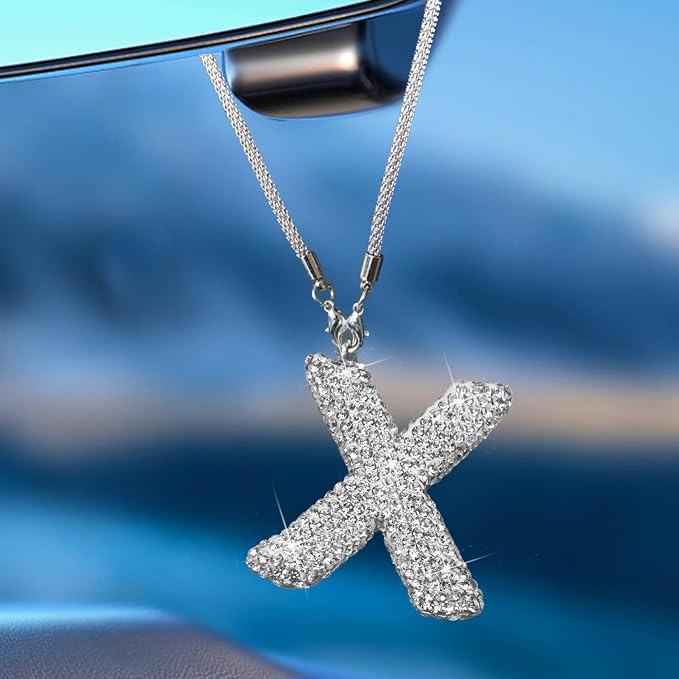 Bling Car Accessories for Women Letter Charm, Rear View Mirror Ornament Cute Hanging Crystal Pendant Girl Car Decorations, Lucky Diamond Rhinestone Girly Charm Interior (White X)