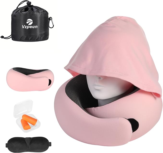 Travel Pillow - Hooded Neck Pillow Airplane Memory Foam Filling for Plane, Office, Cars Sleeping, Road Trip, Long Flights, Airplane Travel Essentials, Includes Eye Mask & Earplugs (Pink)