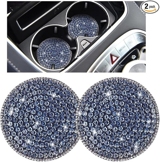 Bling Car Cup Holder Coaster, 2PCS 2.75 Inch Crystal Rhinestone Anti Slip Vehicle Drink Cup Mat for Women Girls, Auto Interior Embedded in Ornaments. Universal for SUV RV Truck (Light Blue)