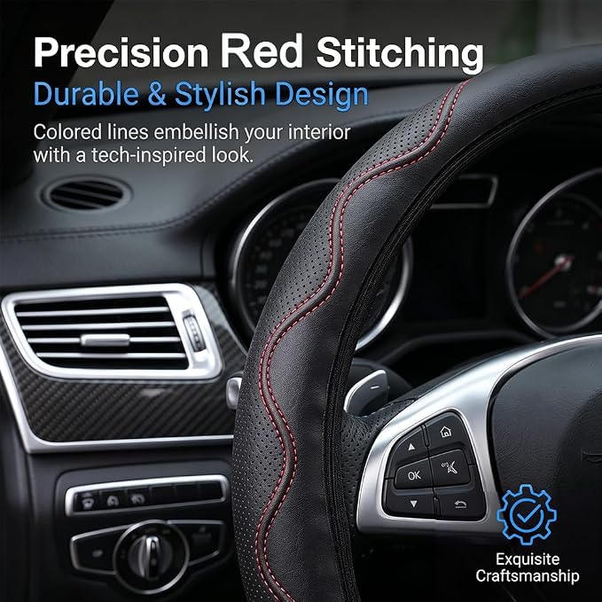 Elastic Steering Wheel Cover Black and Red Universal 14-15 inch | Leather Car Steering Wheel Covers Stretch Microfiber Breathable Anti-Slip Car Accessories Fit for Suvs, Vans, Trucks