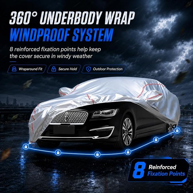 Waterproof All Weather Heavy Duty Vehicle Cover, 360° Underbody Wrap Windproof Design, Quick Install Outdoor Cover,（for Lincoln MKZ 1993-2025 ）