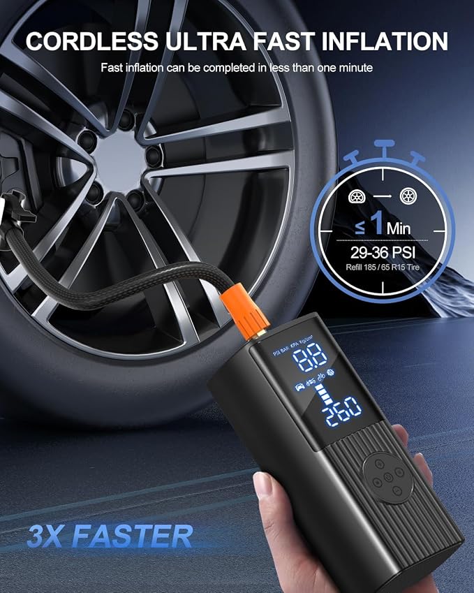 Tire Inflator Portable Air Compressor, 180PSI Cordless Air Pump with Digital Gauge, LED Light, 3X Faster Air Compressor for Cars, Motorcycles, Bicycles, Balls