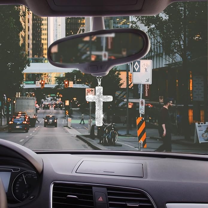 Bling Car Rear View Mirror Accessories Hanging Pendant,Cross Crystal Rhinestone For Car Mirror Hanging,Double-Sided Cross Diamond Religious,Interior Men Women Car Accessories