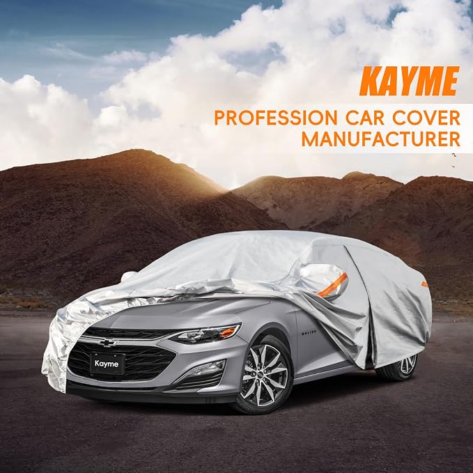 Kayme 6 Layers Car Cover Custom Fit for Chevrolet Chevy Malibu (1997-2025) Waterproof All Weather for Automobiles, Outdoor Full Cover Rain Sun UV Protection.Silver
