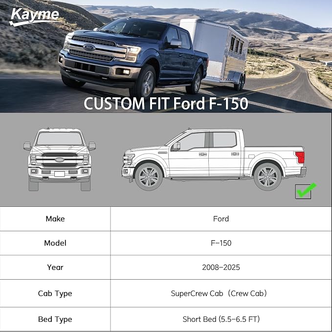 Kayme Heavy Duty Truck Cover Custom Fit Ford F-150(2008-2025) SuperCab, SuperCrew, Extended Cab, Crew Cab SB Short Bed. Waterproof All Weather for Pickup, Full Exterior Covers Sun Rain UV Protection.