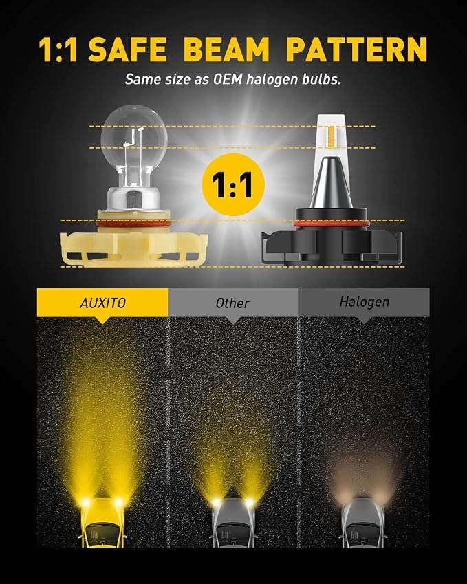 AUXITO 5202 LED Fog Light Bulbs Yellow Amber 3000K, Pack of 2 | 400% Brighter 6000 Lumens 30W High Power, 5201 PS24W PS19W 9009 12086 Fog Lamps LED DRL Bulbs Replacement for Cars Trucks