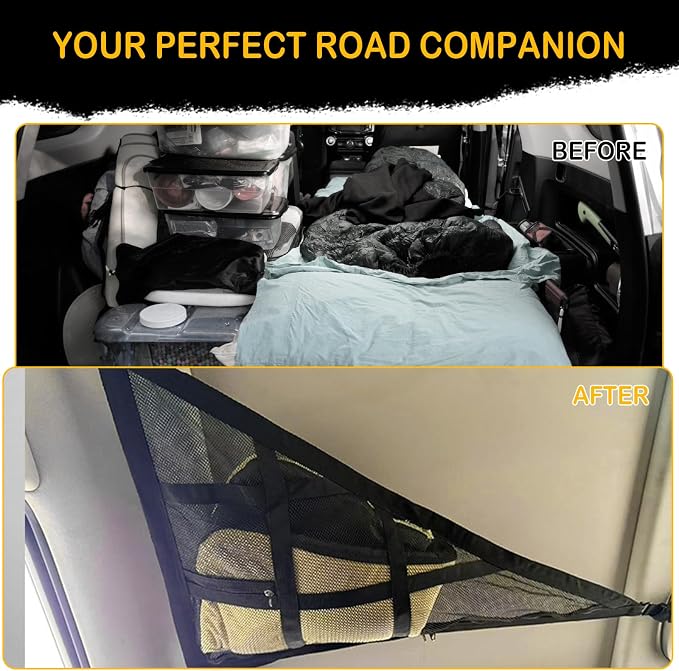 Expandable Black Car Ceiling Cargo Net – 28"x20" Double-Layer Mesh Roof Storage Organizer, High Load-Bearing, Sag-Resistant Design for SUVs, Trucks, Road Trips & Camping