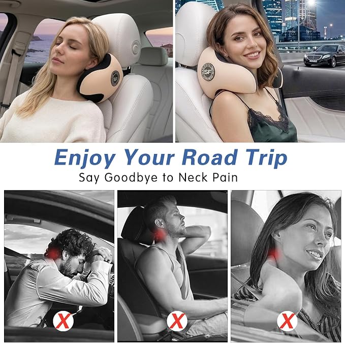 Unique U-Shaped Car Headrest Pillow, Headrest Pillow for Long Rrips, Beige | Adjustable Strap, Memory Foam & Removable Cover, Ergonomic Design Neck Support - Extreme Comfort Car Pillow for Pain Relief