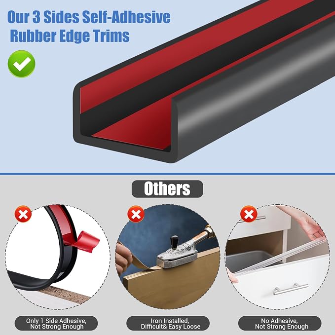 Rubber Edge Trim, 2 inches Self-Adhesive U Channel Edge Protector for Woods, Flexible U Shaped Peel and Stick Edge Banding, Furniture Edge Guard, Fit 2"(50mm), 10Ft, Black