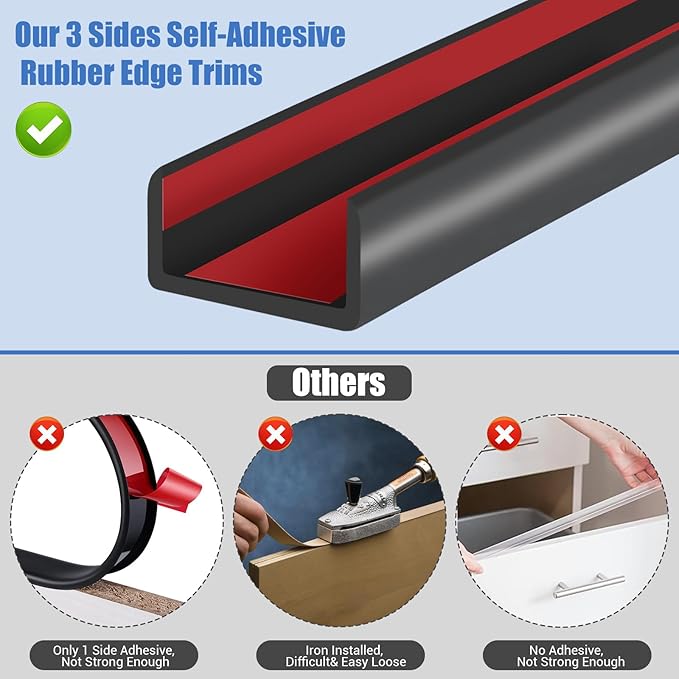 Rubber Edge Trim, Self-Adhesive U Shaped Edge Protector for Plywood, Cabinet, 2-1/4" Wood Edge Banding, Flexible Furniture Repair, EPDM Material, Fit 2-1/4"(57mm), Length 10Ft, Black