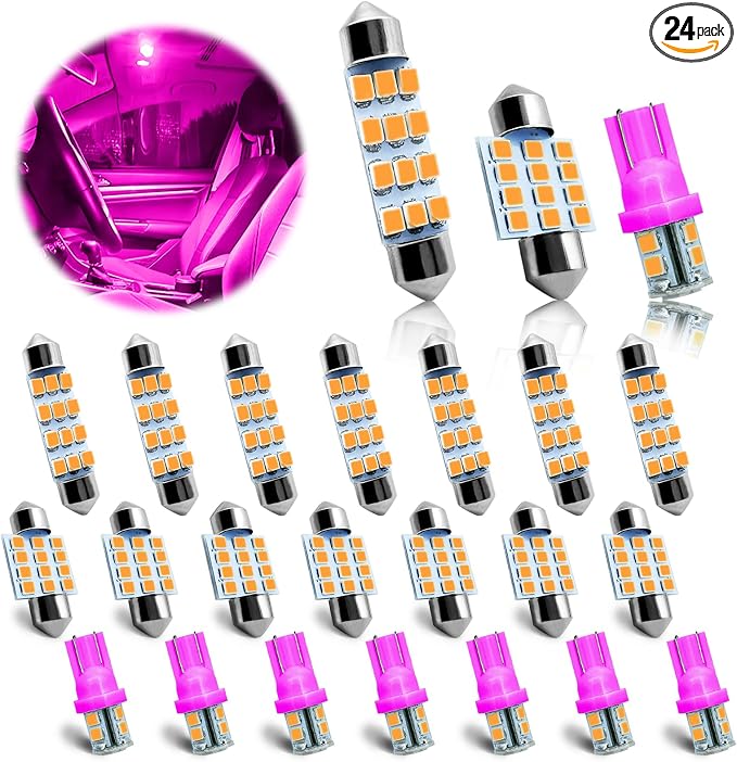 NTNEV 24PCS LED Interior Replacement Bulbs, Interior Car Lights, Dome Light LED Car Bulb Kit Set T10 31 mm 42 mm, Used for Map Dome Lights and License Plate Courtesy Lights Accessories (Pink)
