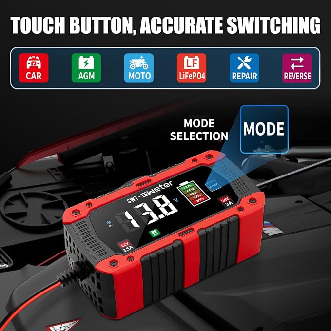 15A Battery Charger, 12V/24V LiFePO4 & Lead Acid Car Battery Charger, Fully Automatic Battery Maintainer w/Overcharge Protection Pulse Repair for AGM, STD, Gel, Deep Cycle Batteries