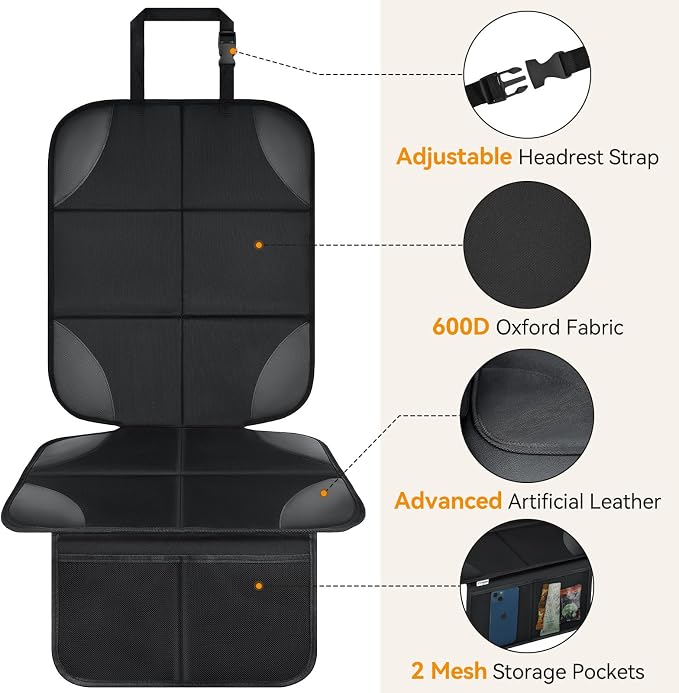 Musclez Car Seat Protectors, Car Seat Covers Waterproof 600D Fabric, Non-Slip Backing & 2 Mesh Pockets Carseat Protector for Baby Child Safety Seats, Pets, Automotive Interior Protection, Pack of 2