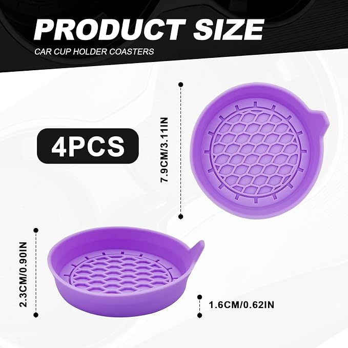 4-Pack Universal Cup Holder Coasters, Black Silicone Inserts - Keep Your Car Clean with Non-Slip & Spill-Proof Coasters for All Vehicles (Purple)