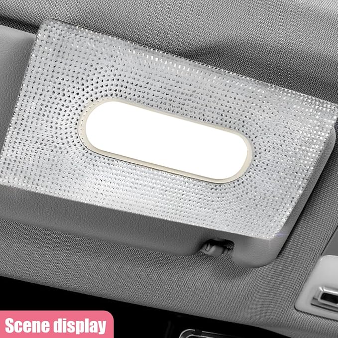 Bling Car Sun Visor Tissue Box Holder, PU Leather Auto Paper Towel Cover, Glitter Crystal Rhinestone Napkin Holder, Car Decoration Accessories for Women (Beige/White)