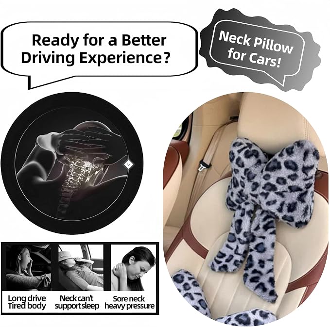 Car Neck Pillow 2PCS Plush Bowknot Car Headrest Pillow – Comfortable Neck Support for Driving Soft Touch Fabric Car Pillow Cute Interior Decor (Blue Leopard Set 4)