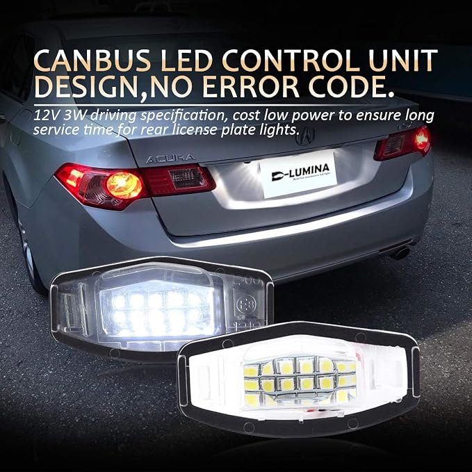 D-Lumina LED License Plate Light Tag Lamp Assembly Replacement Compatible with Honda Civic Accord Sedan Odyssey Pilot Acura MDX TSX TL ILX RDX RL, Powered by 18-SMD 6000K White Pack of 2