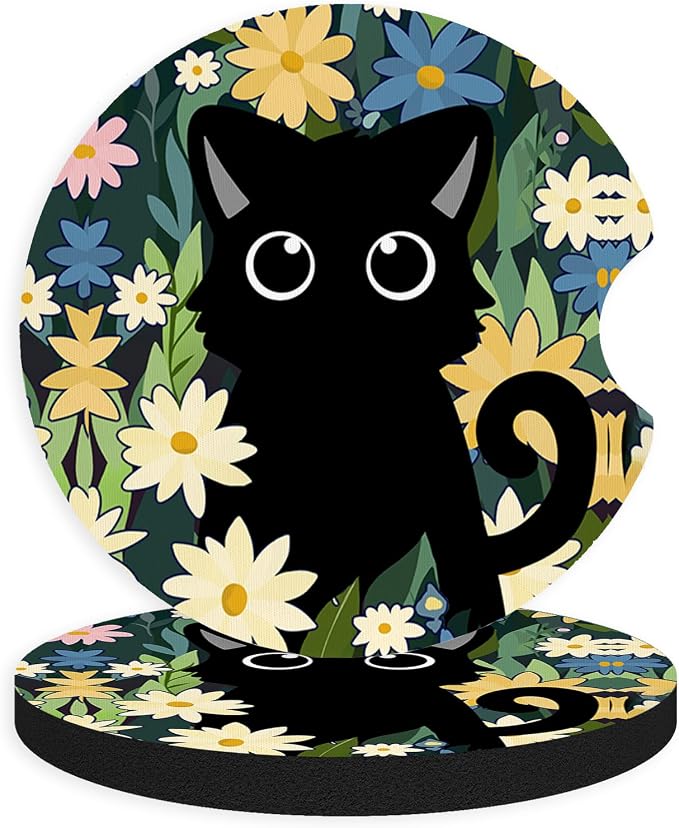 2pcs Cute Black Cat Car Coasters,Absorbent Universal neoprener Cup Holder Coasters with a Finger Notch,Car Accessories for Women&Man Interior，2.75" 2