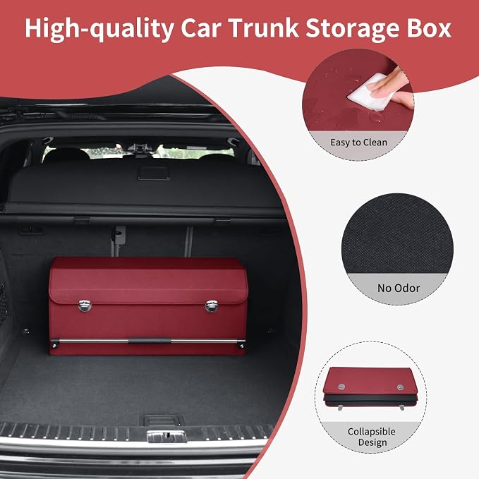 Trunk Organizer for Car with Lid Leather Trunk Organizer Car Organizer | SUV Trunk Organizer with Push-pull Handle Car Trunk Storage Organizer for Minivan, Truck, Sedan (Claret, 27.17x11.42x12.2in)