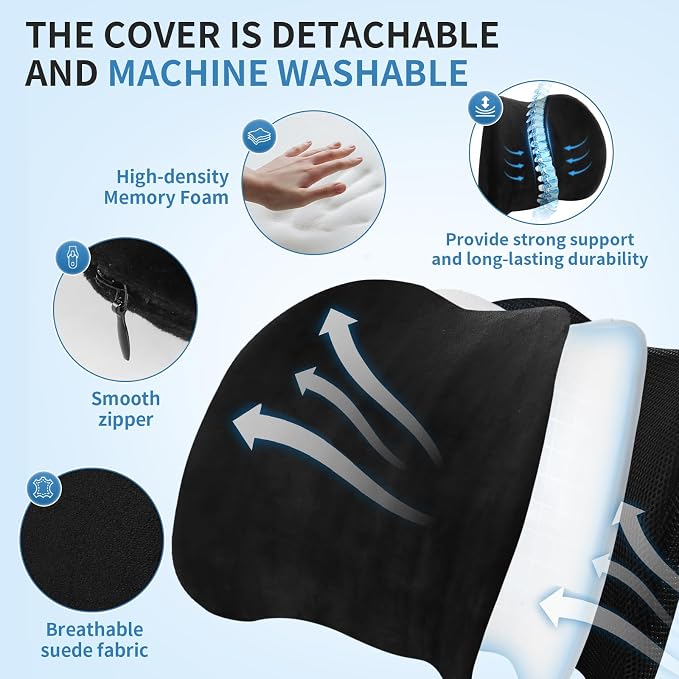 Lumbar Support Pillow for Car, Memory Foam Back Support Lumbar Pillow for Car, Gaming, Office Chair, Ergonomic for Lower Back Pain Relief, Comfortable and Soft Fabric, Black