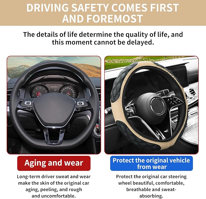 15 Inch Leather Steering Wheel Cover, Automotive Accessories Breathable Anti-Slip Elastic Soft Wheel Protector, Fit for Most SUVs Trucks and RVs (Beige)