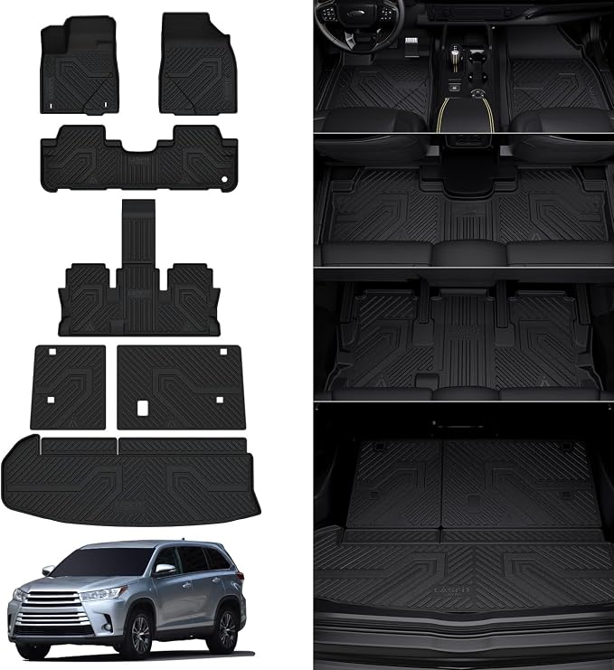LASFIT Floor Mats for Toyota Highlander 2019-2014(Not for Hybrid), All Weather TPE Cargo Mats Floor Liner for Highlander LE/Limited/SE/XLE, Black(Not fit 2nd Row Bench Seating).