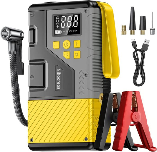 Portable Car Jump Starter with Air Compressor Tire Inflator Battery Jumper | Jump Box 3000A Peak and 150 PSI Air Pump ,for 12L Gas & 10L Diesel Engines,LCD Display,LED Light