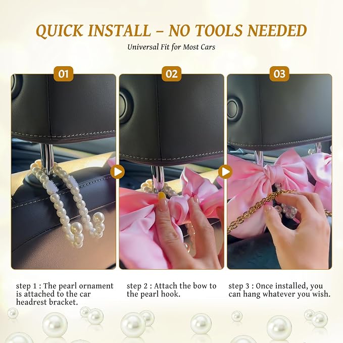 2 PCS Bow Pearl Car Seat Headrest Hook – Cute Purse Hook for Car, Girly Interior Decoration Accessories Hook Hanger, Seatback Holder for Purses & Bags, Elegant Car Organizer (Golden)