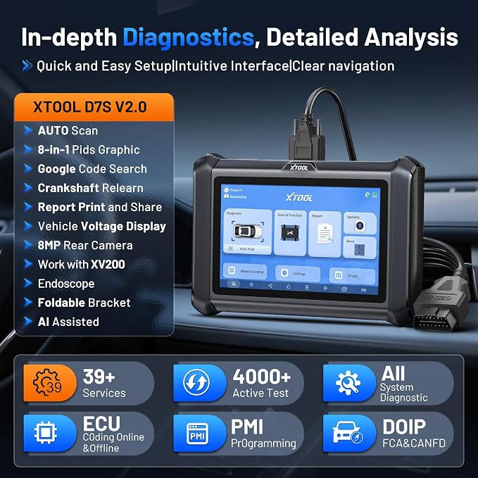 XTOOL D7S Bidirectional Scan Tool OBD2 Scanner Diagnostic Tool ECU Coding | V2.0 Upgrade D7 OE-Level All System Diagnostics, Live Data, PMI, Crankshaft Relearn, 39+ Reset, 3-Yr Update, FCA AutoAuth SGW