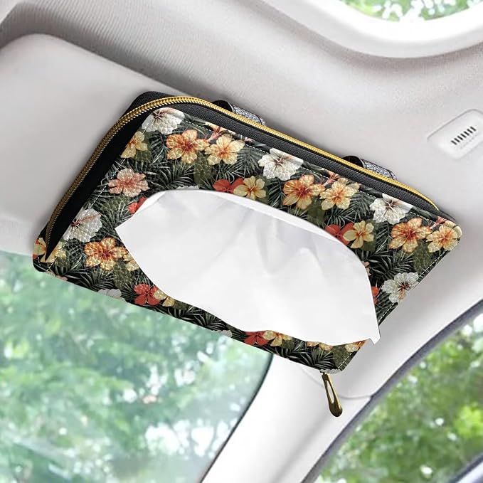 Colourful Flowers Car Visor Tissue Holder for SUV Sedans Vans Flowers Premium Car Tissue Box PU Leather Wear Proof Universal Fit