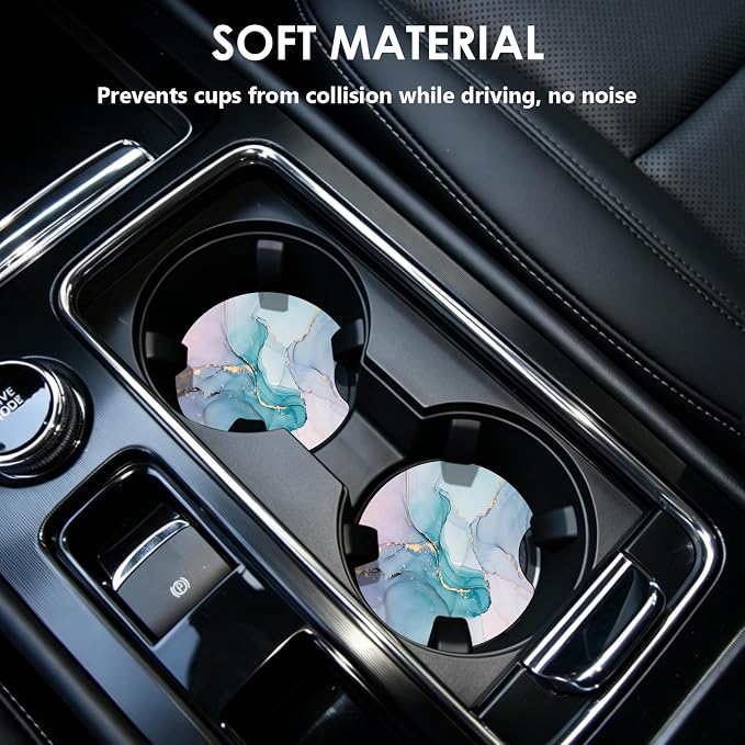 2 Pack Car Coasters，2.75-inch Neoprene Non-Slip Cup Holder Coasters for Car，Cute Car Interior Accessories for Men and Women，Green Marble