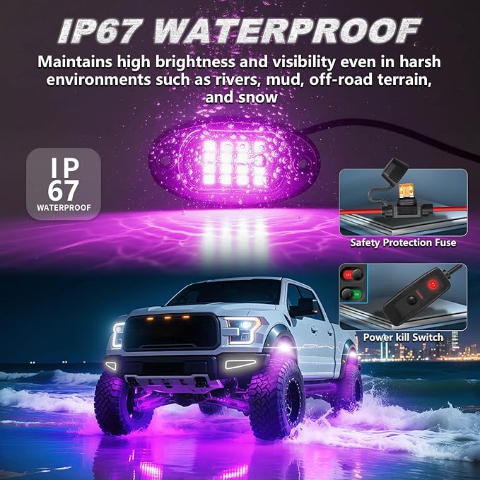 4Pods Segmented RGB LED Rock Lights Kit for ATV UTV 4 Wheeler Can-Am SXS RZR Side By Side Offroad Golf Cart with APP/RF Remote, Multicolor Bright Underglow Light Waterproof Vehicle Music 12V Underbody